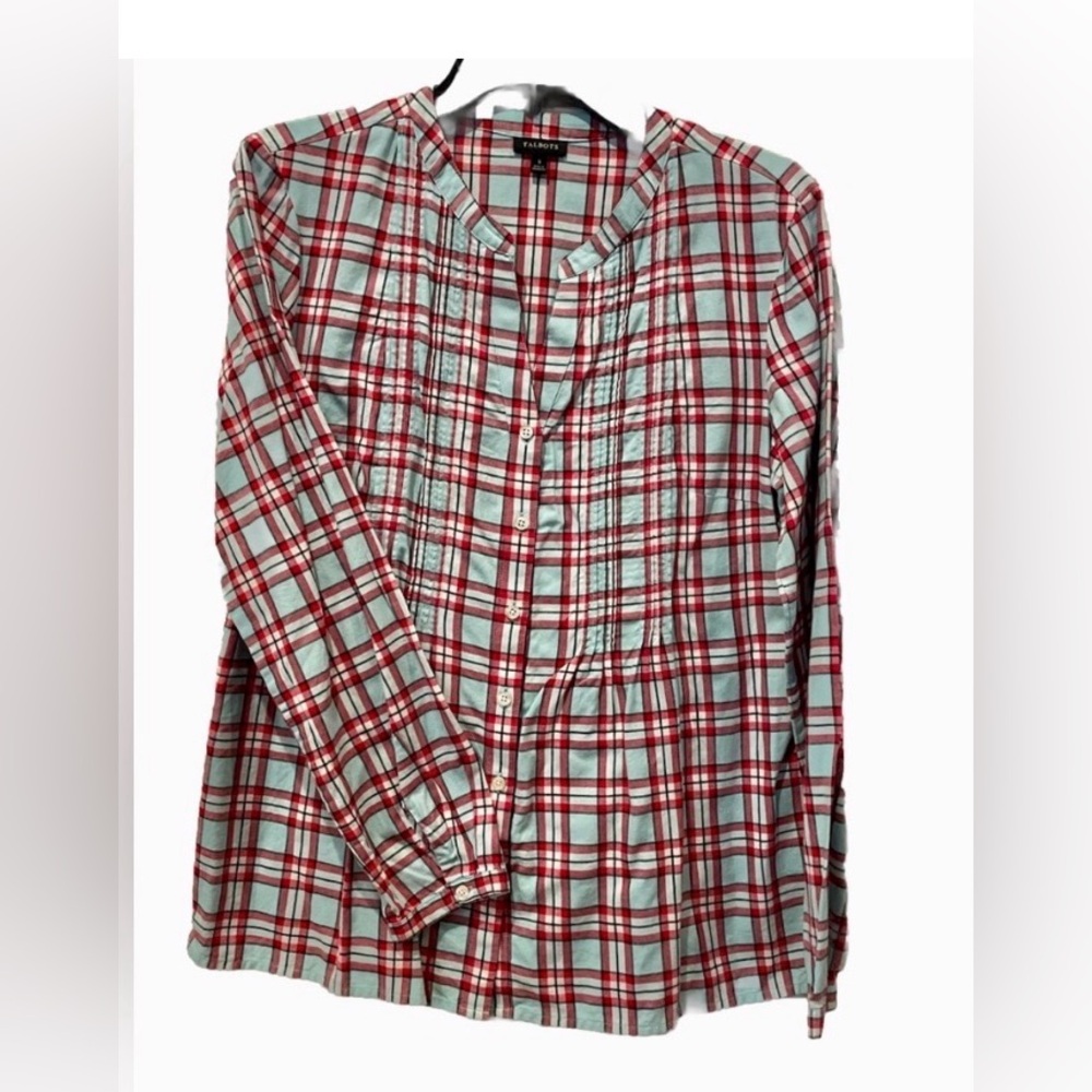 Talbots Size Small Aqua & Red Plaid Pin-tuck Button Down Top - Great Condition